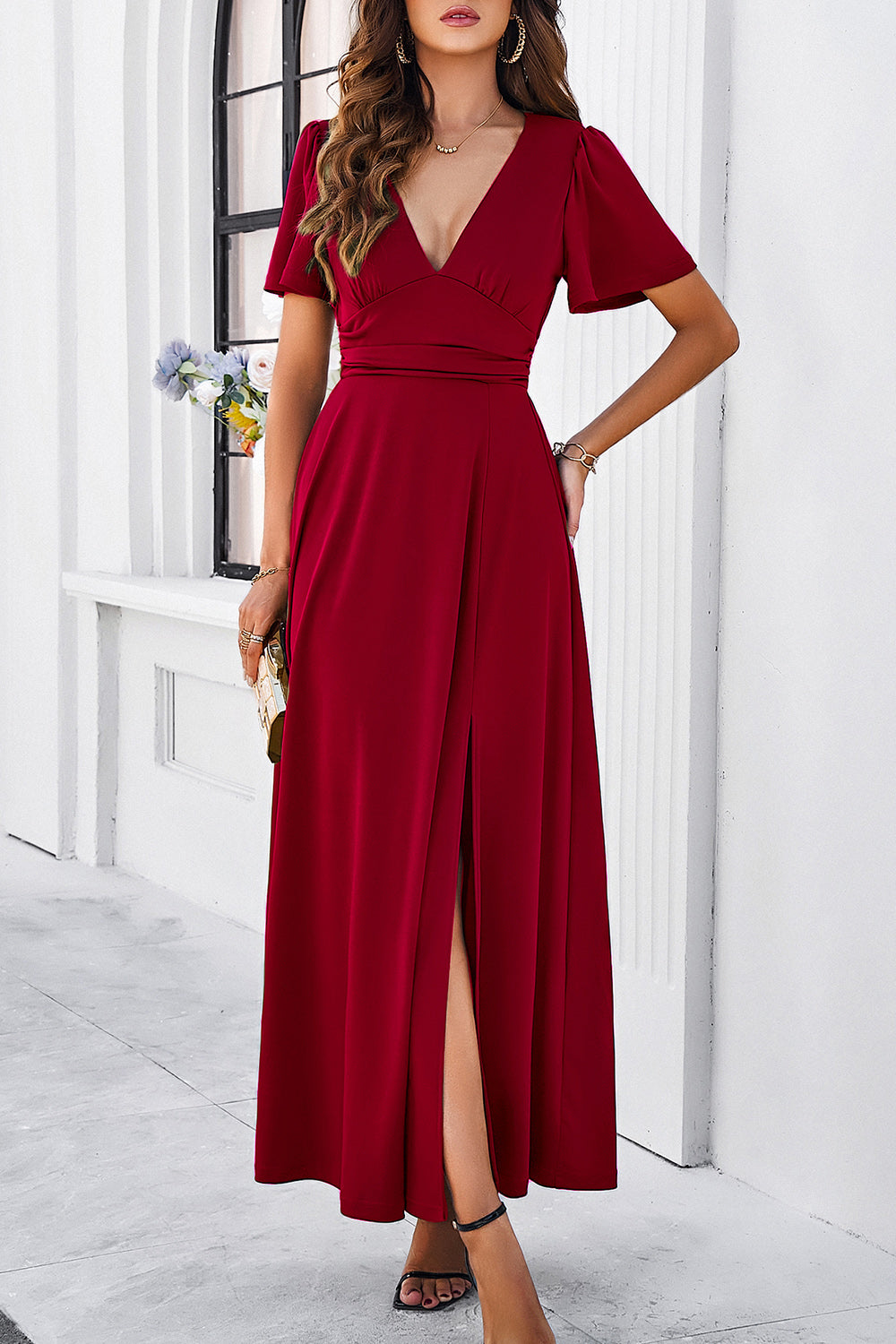 Slit V-Neck Short Sleeve Dress - store name